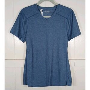 Manduka Yoga Shirt V-Neck Athletic Women's Small Blue Short Sleeve Logo Top
